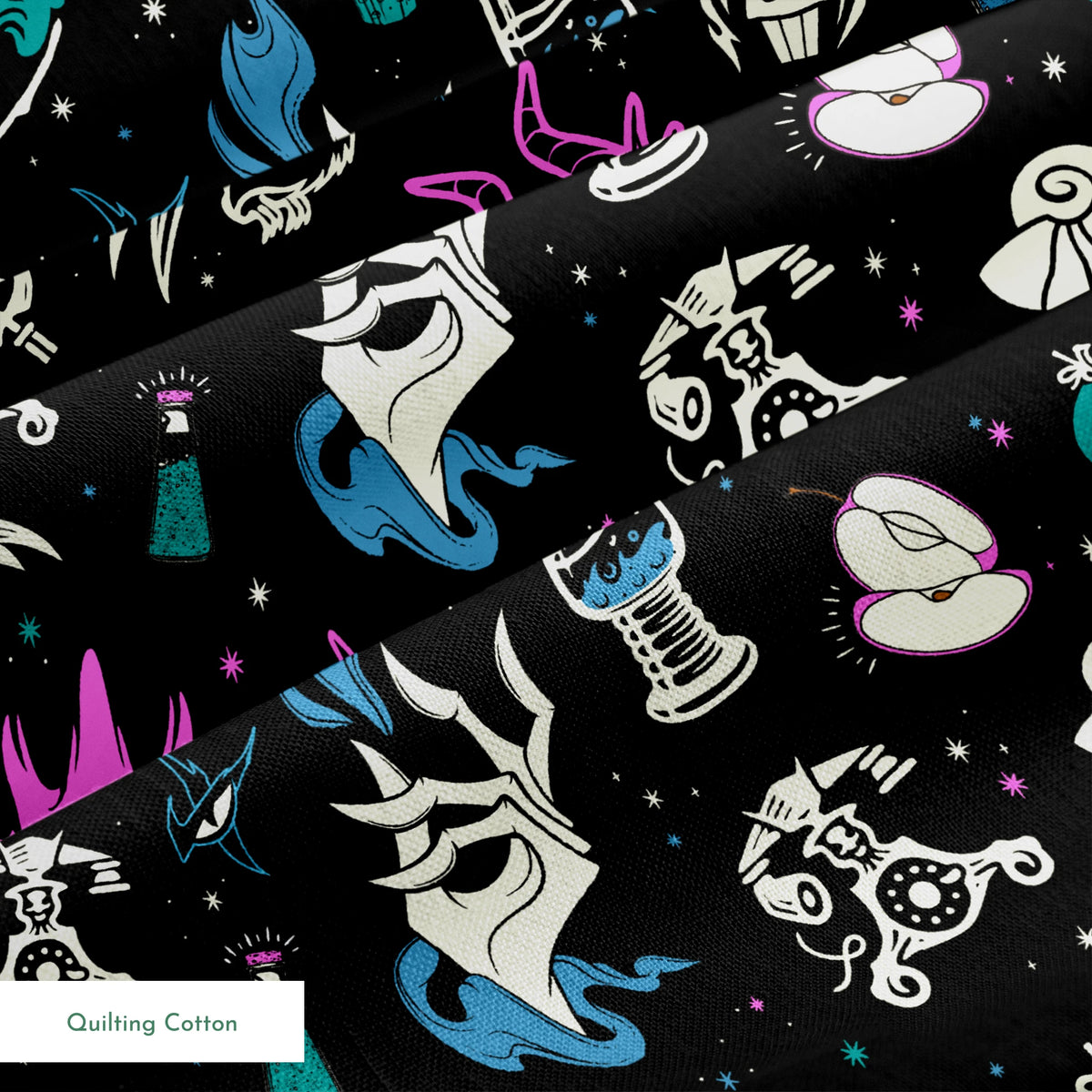Gothic pattern with Disney villain-inspired icons like skulls, potions, and flames in teal, purple, and blue on black background. springs quiltingcotton texture