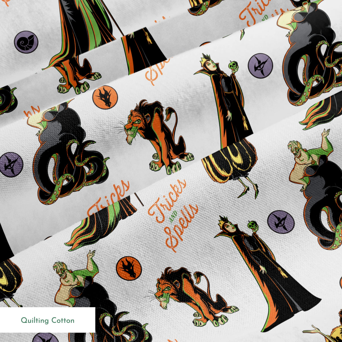 Halloween pattern with Disney villains, spells text, and magical symbols on light background springs quiltingcotton texture