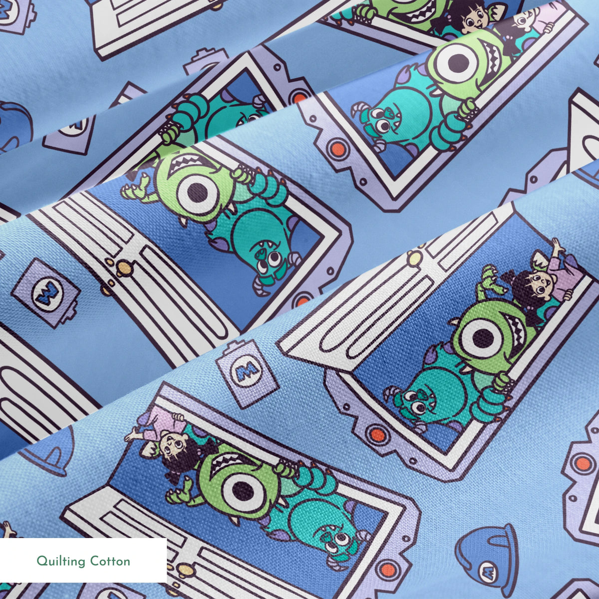 Monsters Inc characters Mike and Sully peeking through doorways on blue background pattern springs quiltingcotton texture