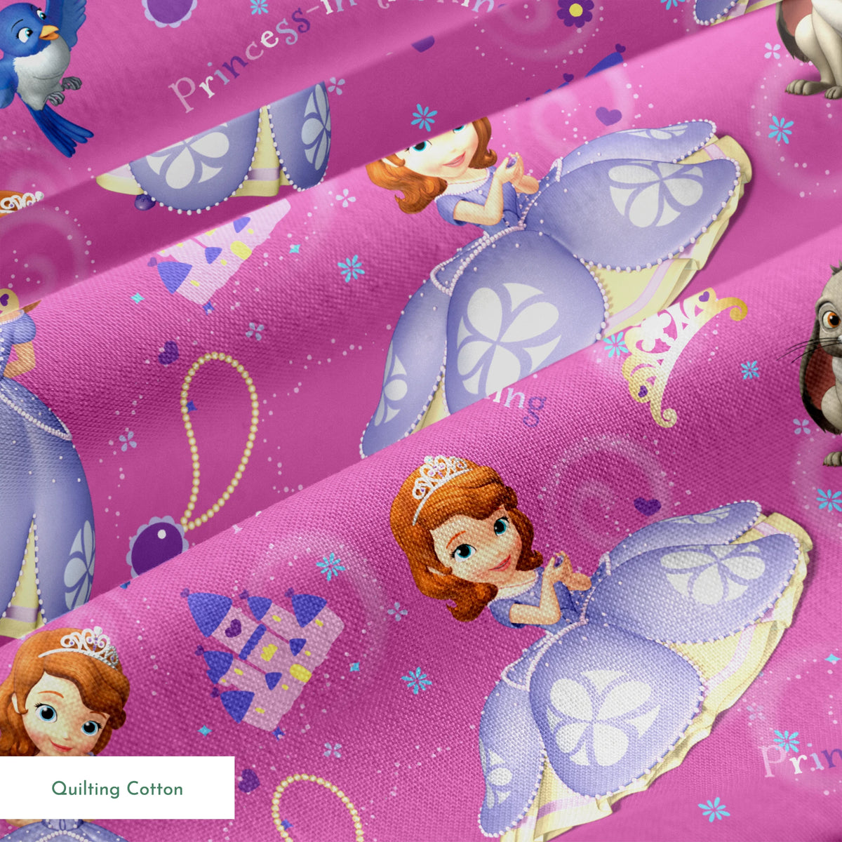 Princess Sofia pattern with purple background, crowns, castles, rabbits, and blue birds scattered among swirling designs springs quiltingcotton texture