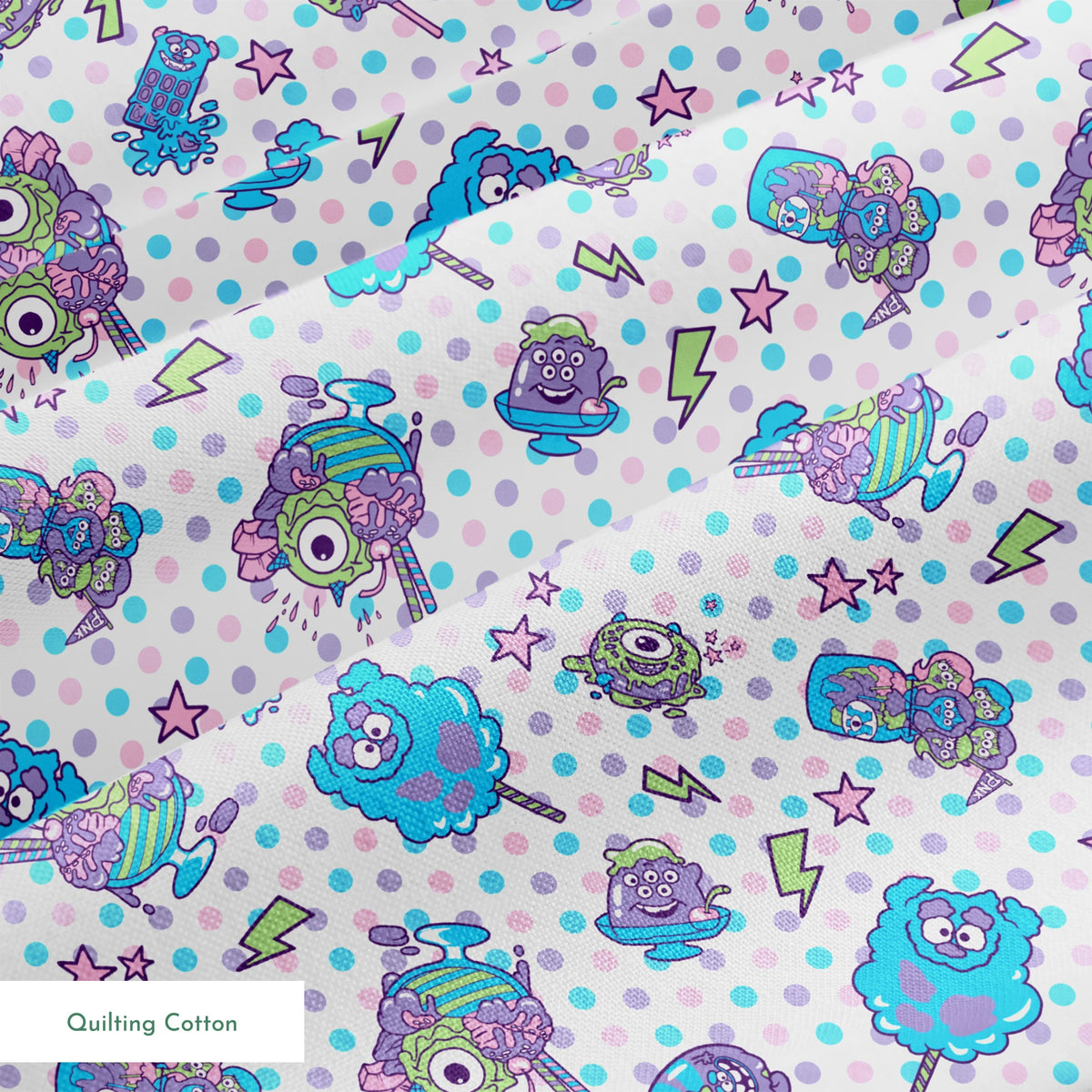 Monsters Inc inspired desserts, stars and lightning bolts on polka dot background springs quiltingcotton texture