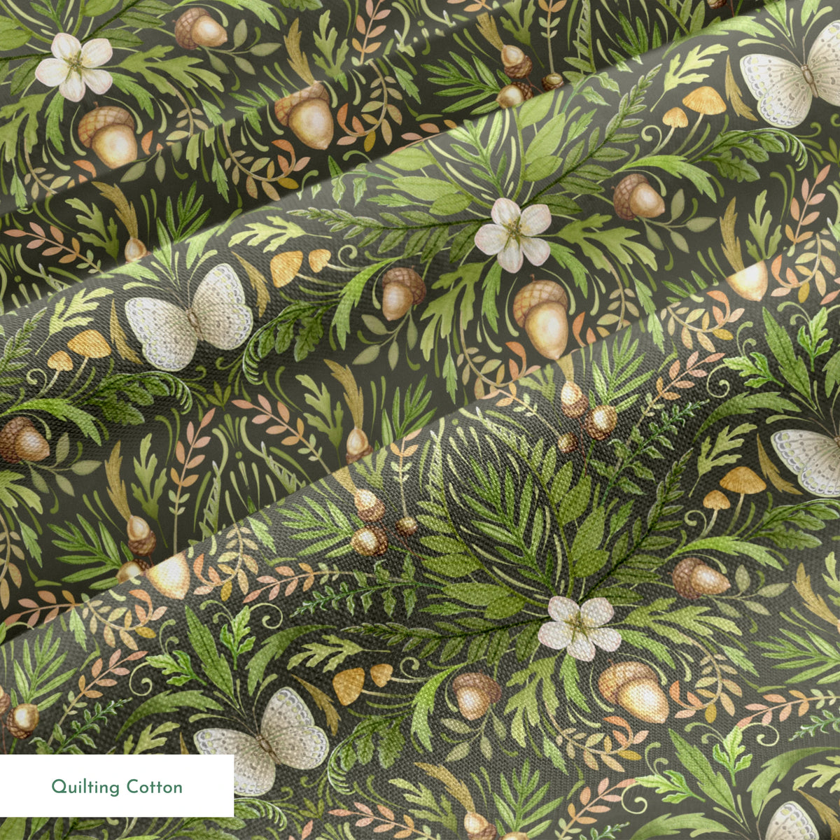 Symmetrical botanical pattern with green foliage, white flowers, and brown accents on dark background springs quiltingcotton texture