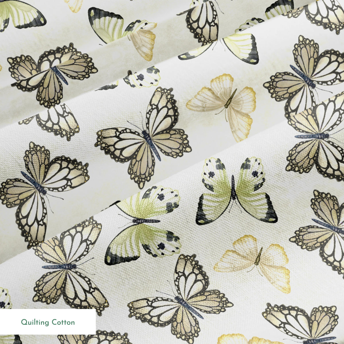 Illustrated butterfly pattern by Nicole Tamarin with soft sage green and neutral tones on a textured cream background. springs quiltingcotton texture
