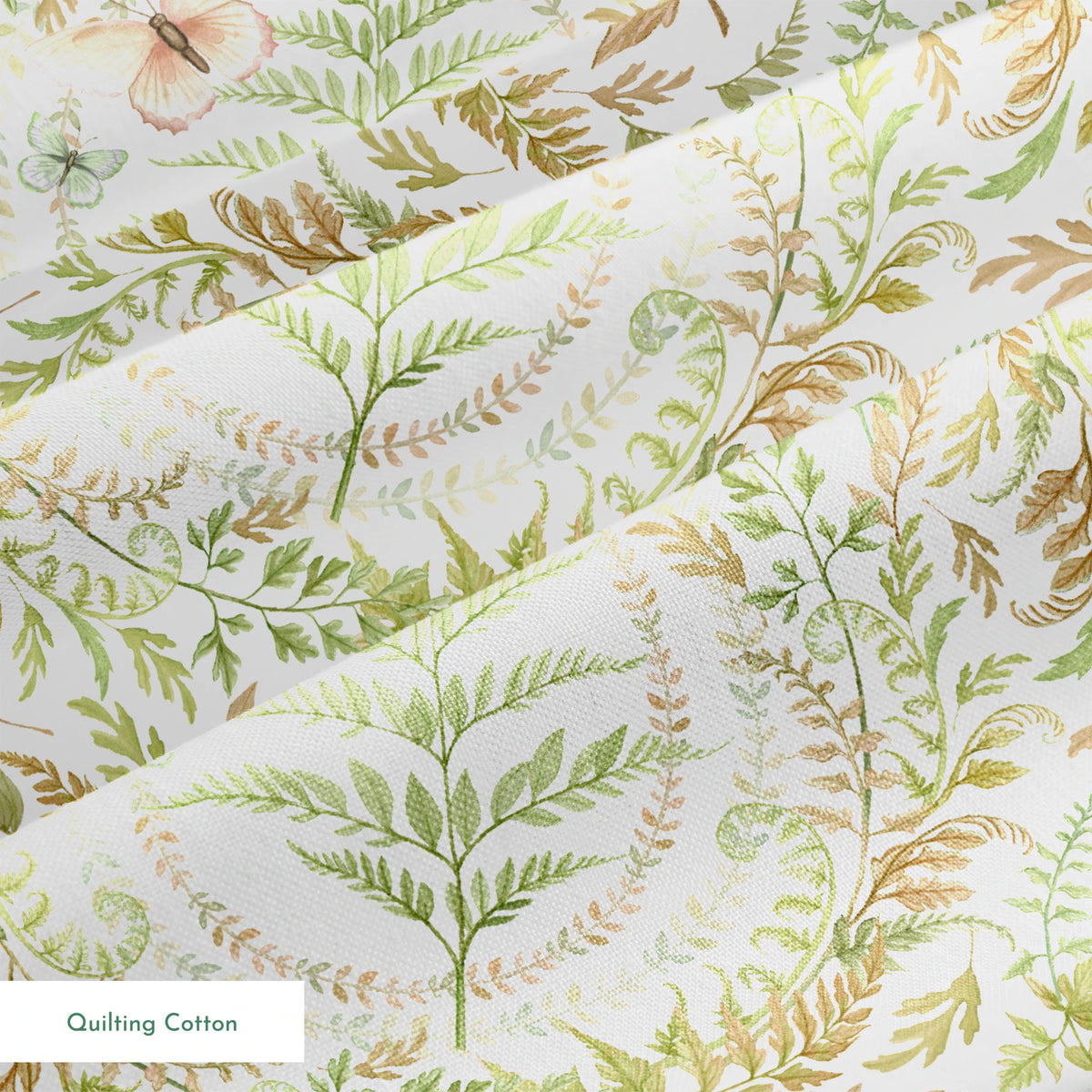 Circular botanical design featuring green ferns and blush butterflies on a white background in a Nicole Tamarin pattern. springs quiltingcotton texture