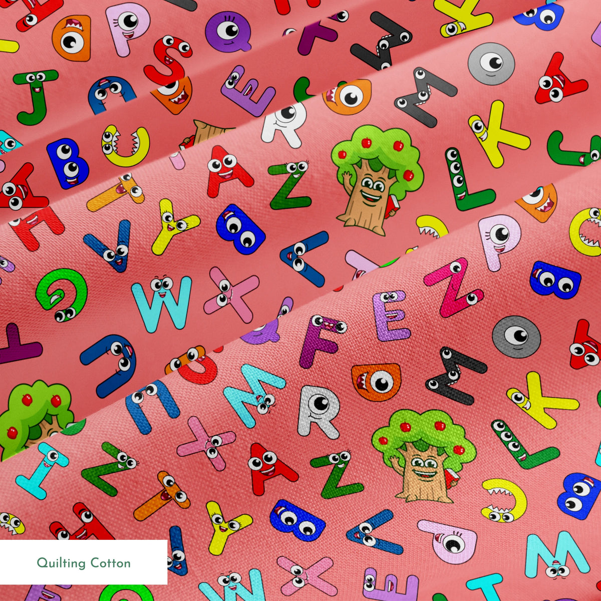 Colorful alphabet pattern with cartoon letter characters on bright pink background springs quiltingcotton texture