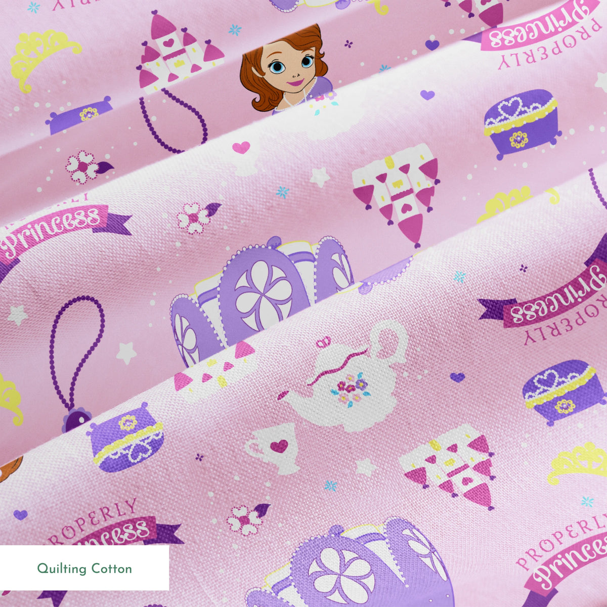 Princess-themed pattern with purple dresses, tiaras, teapots, and banners on pink background springs quiltingcotton texture