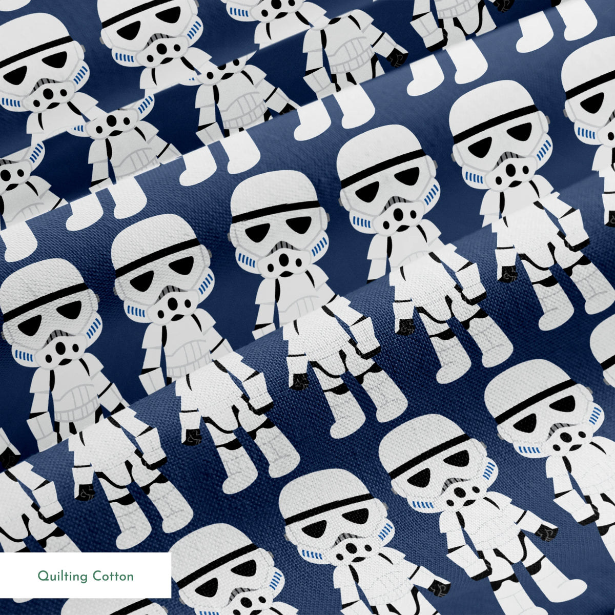Repeated pattern of cartoon Stormtrooper characters in white armor against dark blue background springs quiltingcotton texture