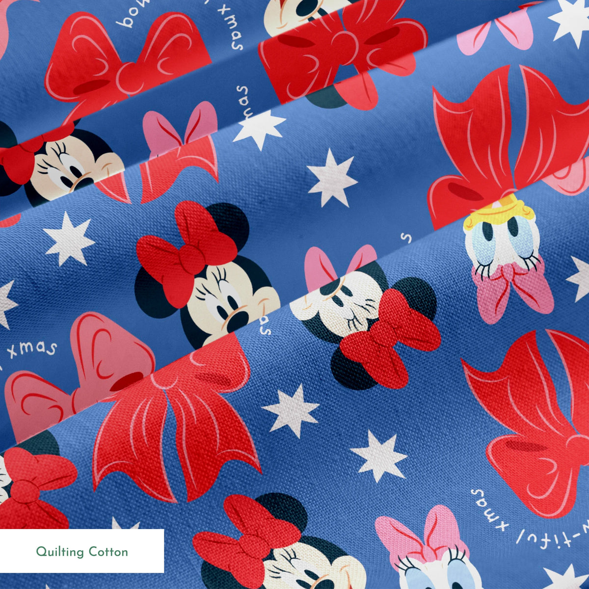 Disney character pattern with Minnie Mouse, Daisy Duck, and pink/red bows on blue background with white stars springs quiltingcotton texture