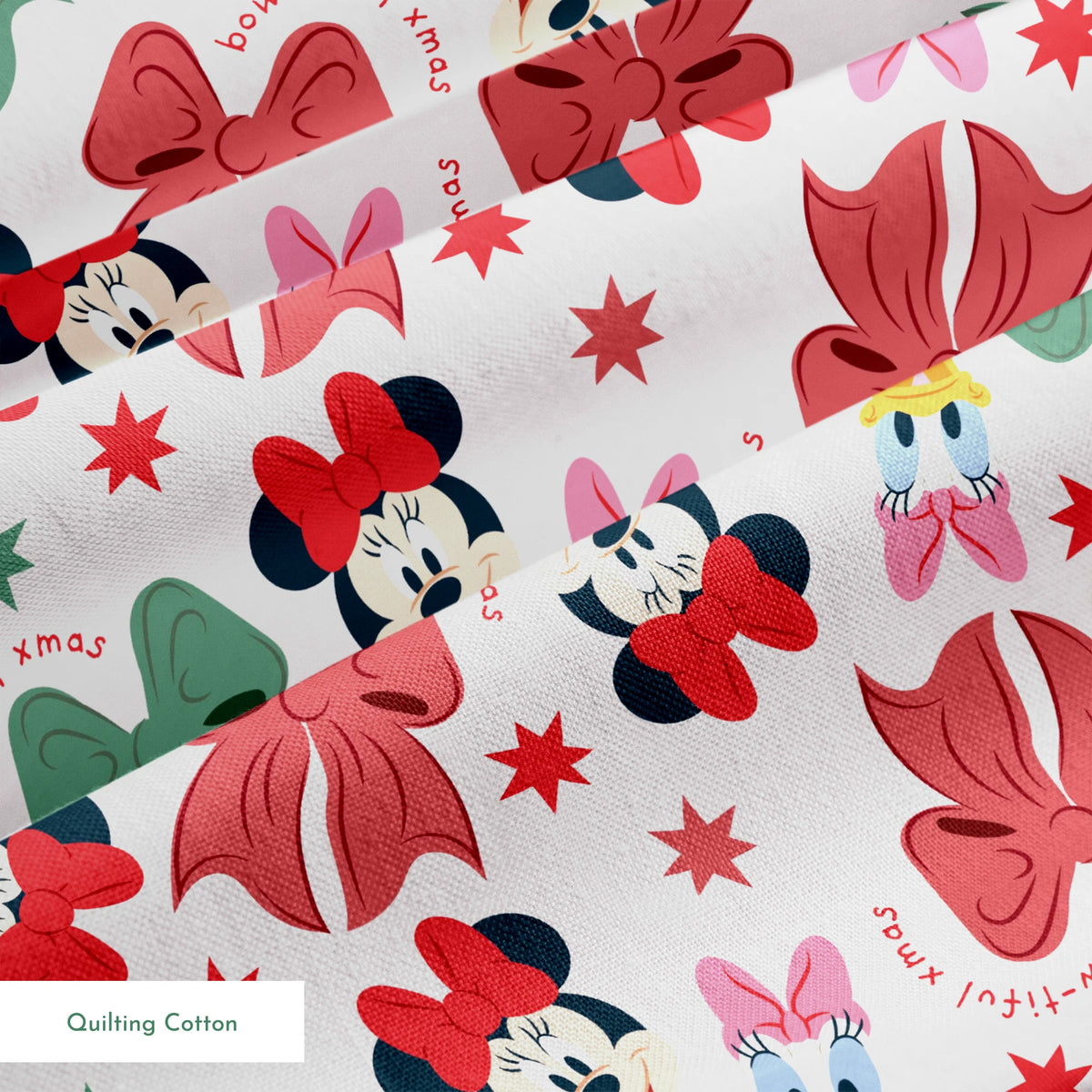 Disney pattern with Minnie Mouse and Daisy Duck characters, green and red bows, and green stars on light background. springs quiltingcotton texture