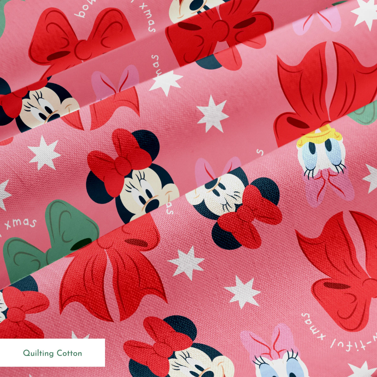 Disney character pattern with Mickey and Minnie Mouse, Donald Duck, bows in red and green on pink background with white stars springs quiltingcotton texture