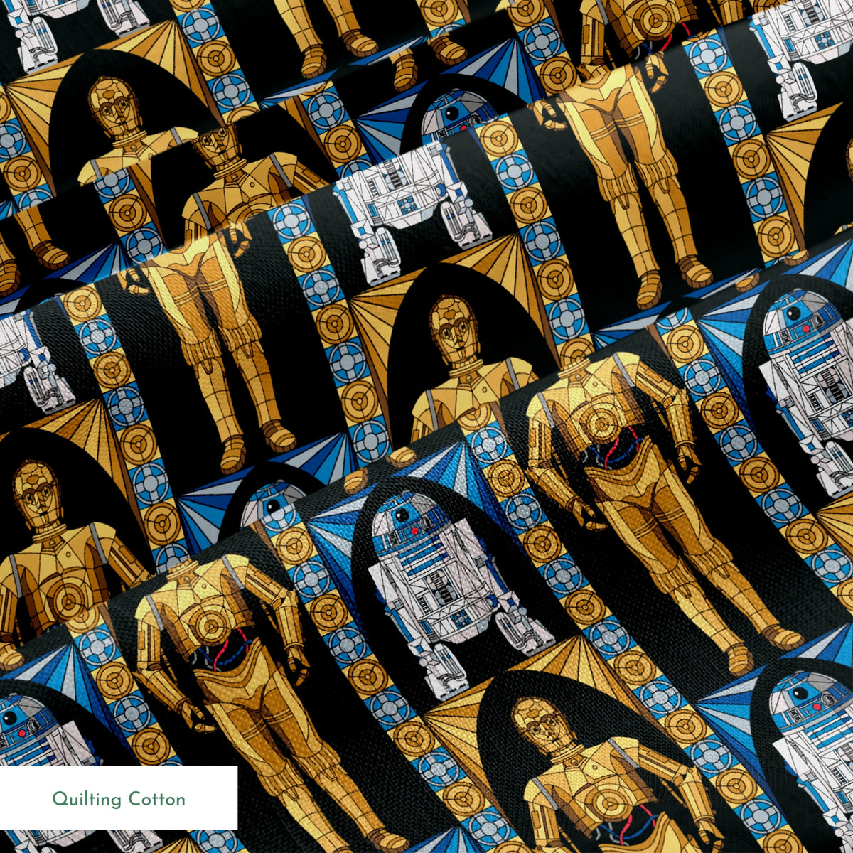 Repeating pattern of golden droid and blue-white astromech droid characters from Star Wars on black background with decorative borders springs quiltingcotton texture