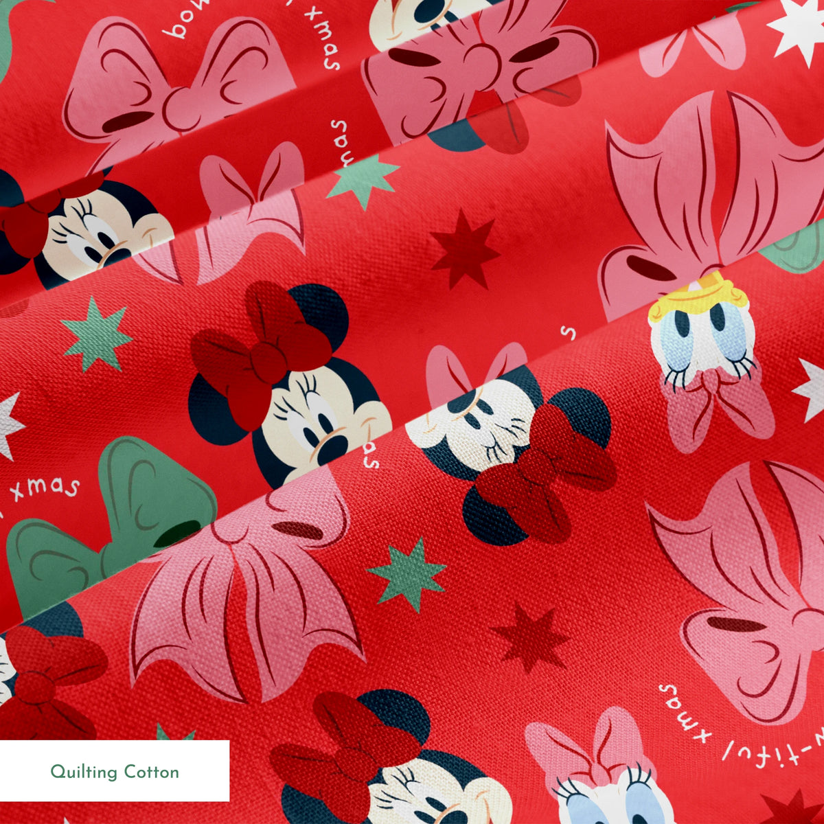 Disney character pattern with Minnie Mouse, Mickey Mouse and Donald Duck on red background with bows and stars springs quiltingcotton texture