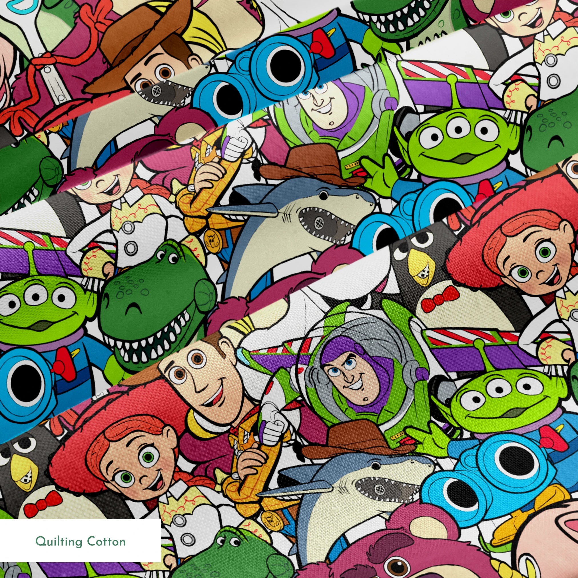 Colorful collage of Pixar and Disney animated characters including Toy Story, Monsters Inc, and other iconic cartoon figures springs quiltingcotton texture