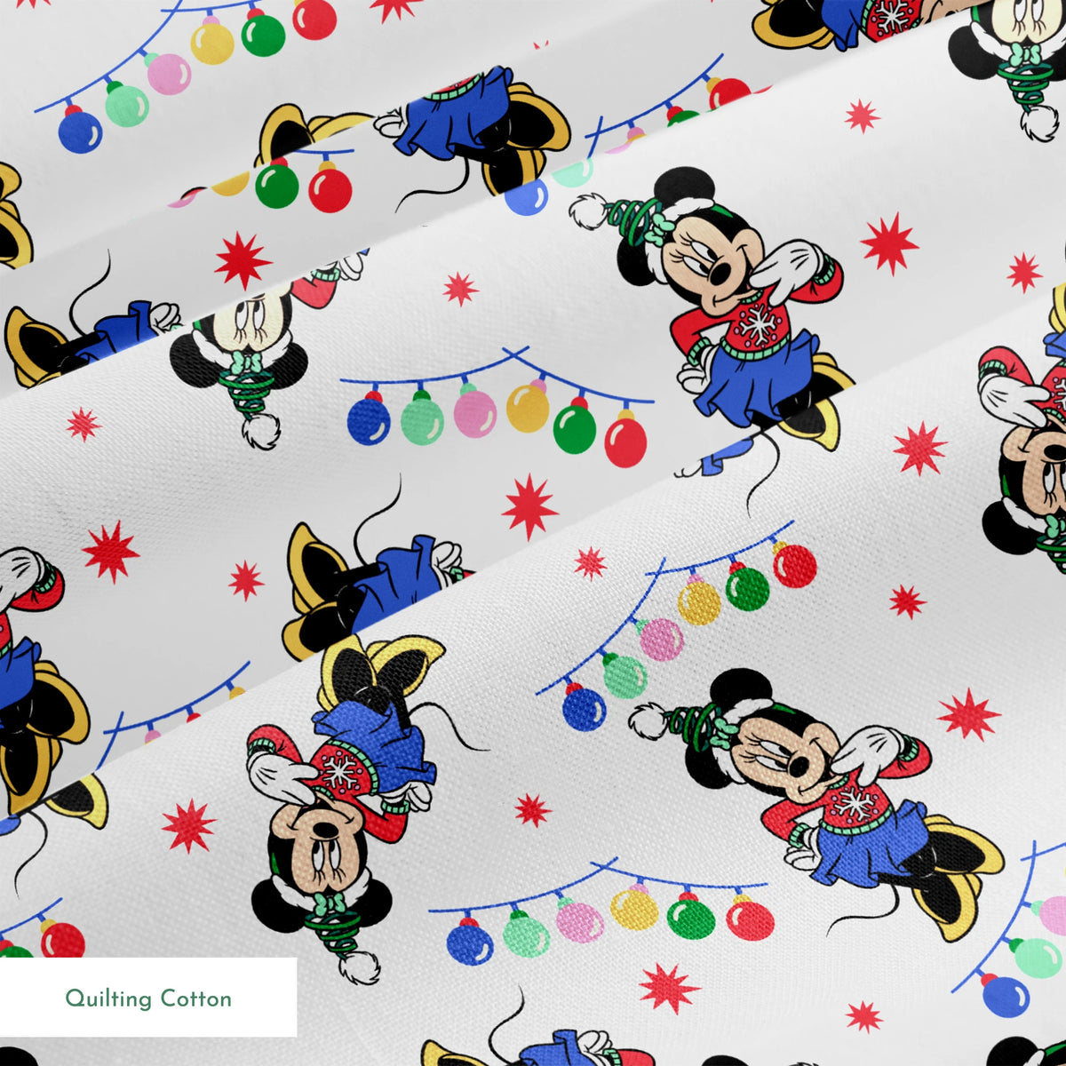 Minnie Mouse in Santa hats with blue outfits surrounded by colorful string lights and red stars on white background springs quiltingcotton texture
