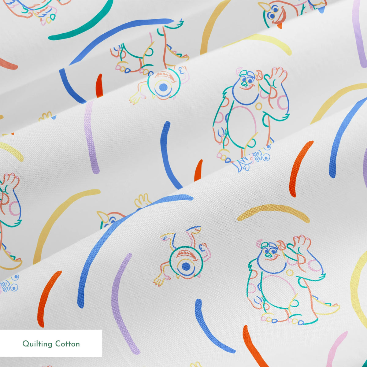 Colorful line drawing pattern with Monsters Inc characters  surrounded by curved arcs in rainbow colors springs quiltingcotton texture