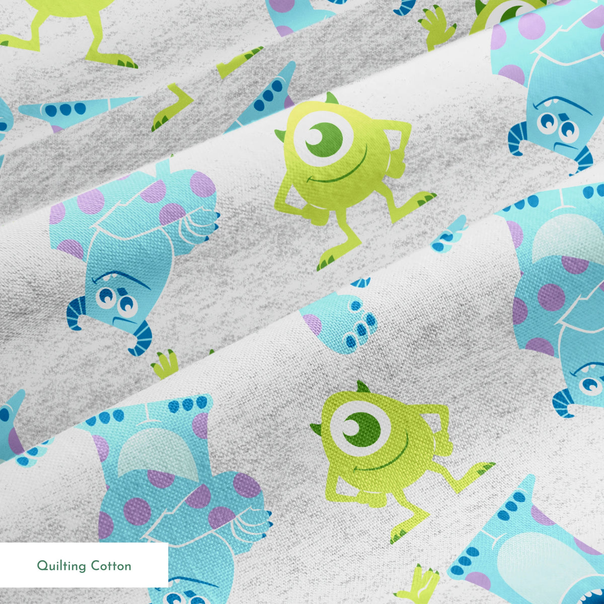 Cartoon pattern of Monsters Inc characters on light gray background springs quiltingcotton texture