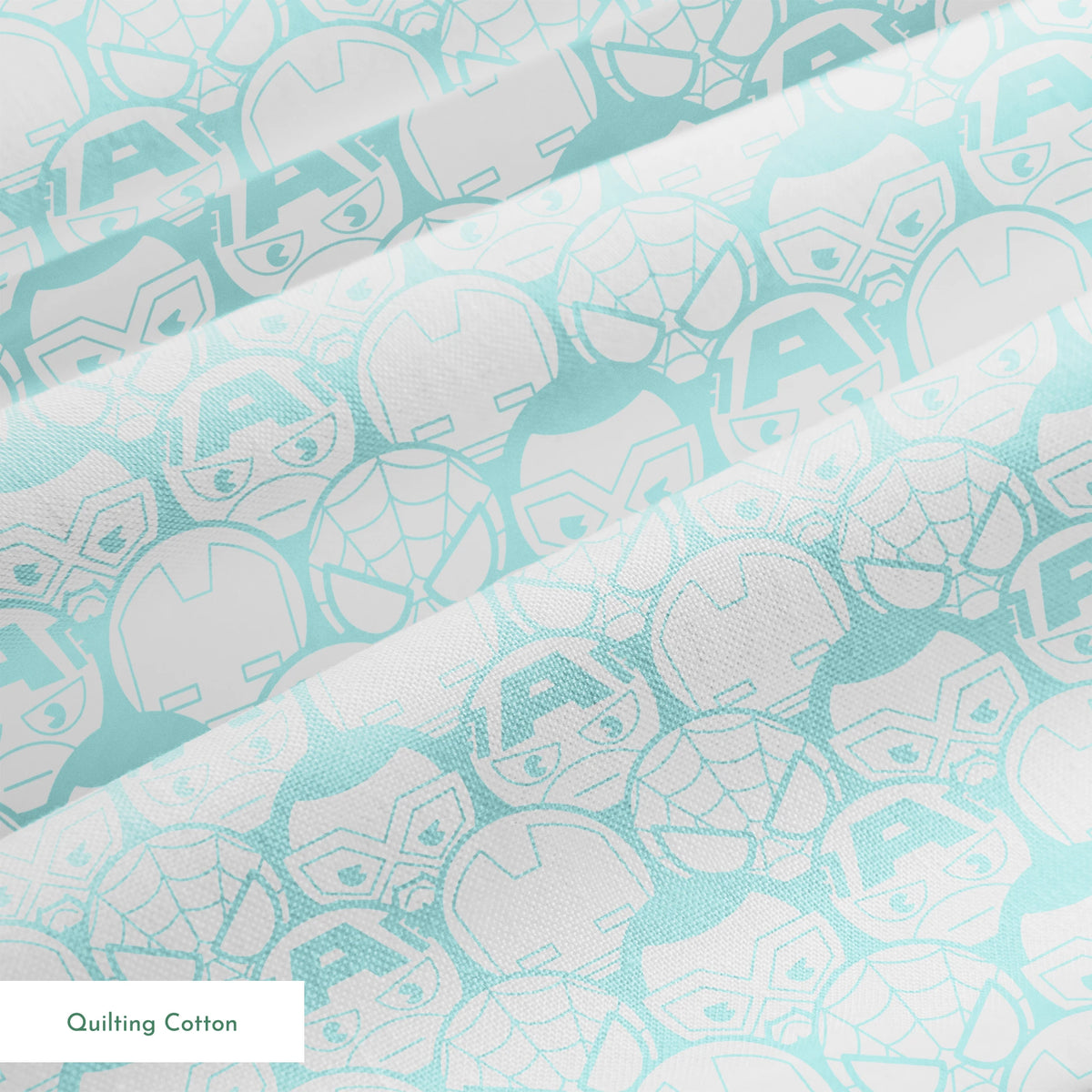 Light blue and white pattern of stylized superhero masks and helmets in a repeating design springs quiltingcotton texture