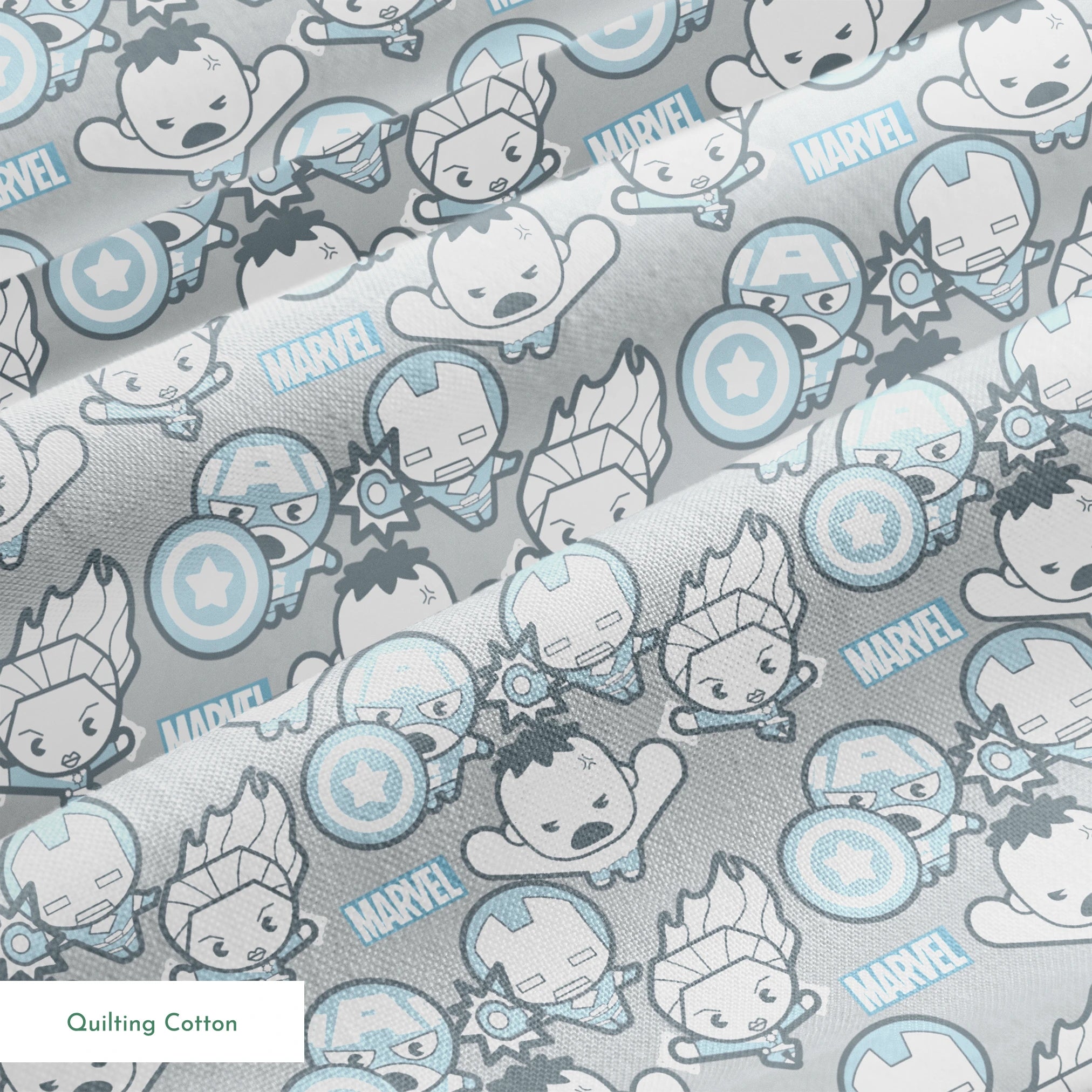 Cute cartoon Marvel superhero pattern with simplified characters and icons on gray background springs quiltingcotton texture