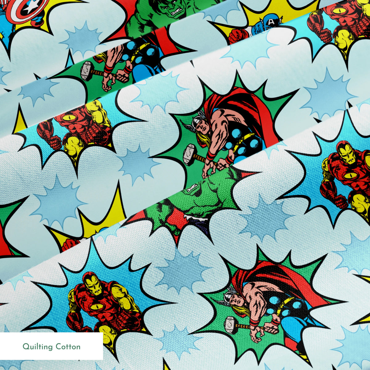 Marvel superhero pattern with Captain America, Iron Man, and Hulk in colorful burst designs on a blue background. springs quiltingcotton texture