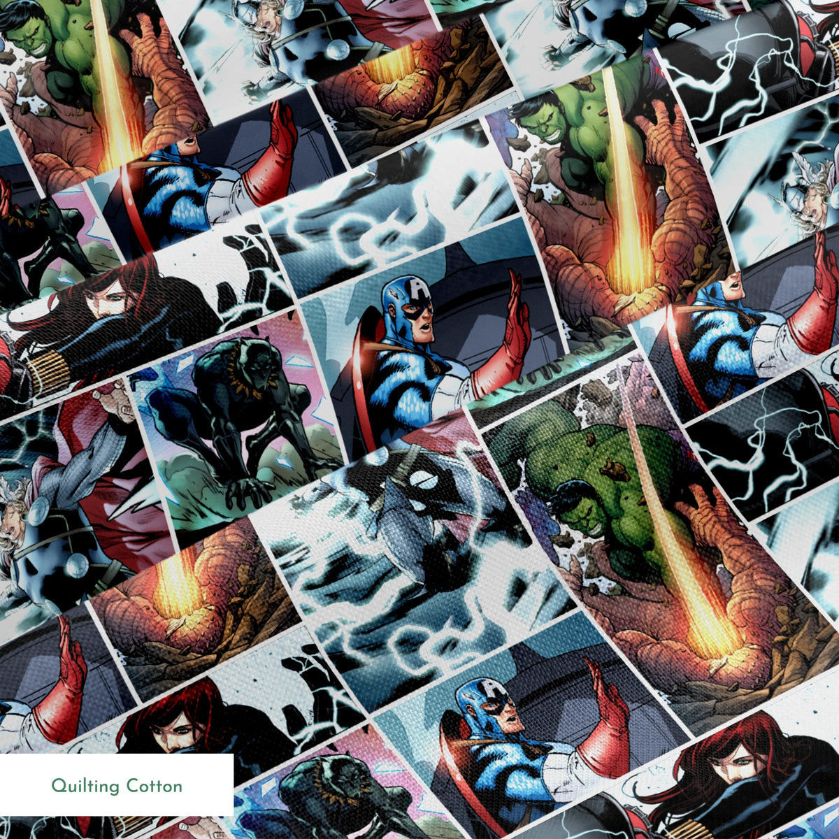 Comic book collage featuring Thor with lightning, Captain America with shield, Hulk, and various Marvel superheroes in action scenes springs quiltingcotton texture