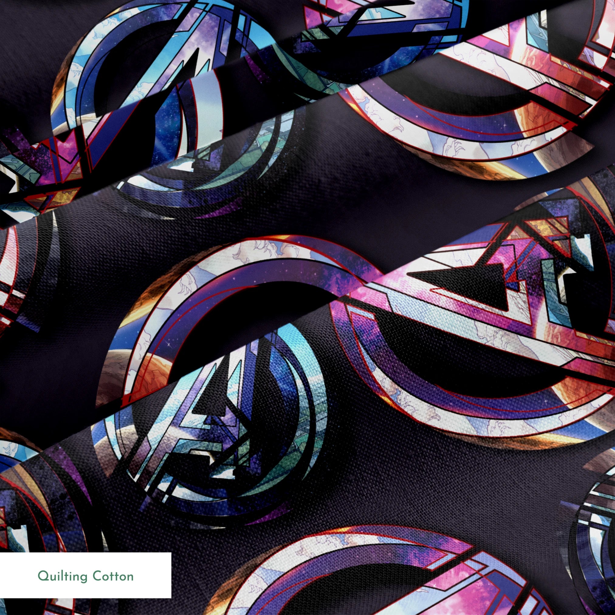 Colorful metallic Avengers logo pattern with iridescent purple and blue reflections on dark background springs quiltingcotton texture