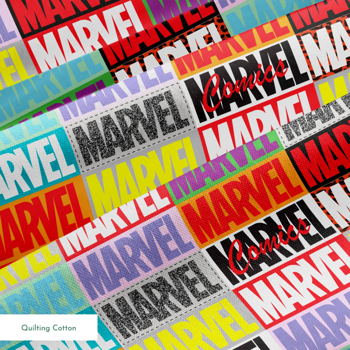 Colorful grid pattern of Marvel logos in various colors including red, blue, yellow, teal, purple, and gray against contrasting backgrounds springs quiltingcotton texture