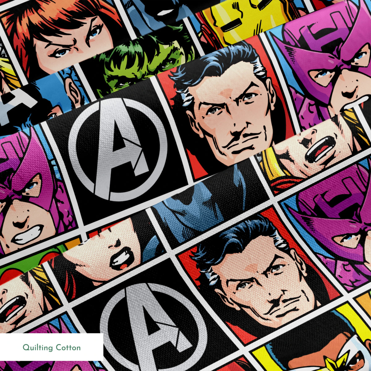 Marvel Avengers character portraits in comic style grid with colorful backgrounds showing superheroes and their iconic looks. springs quiltingcotton texture