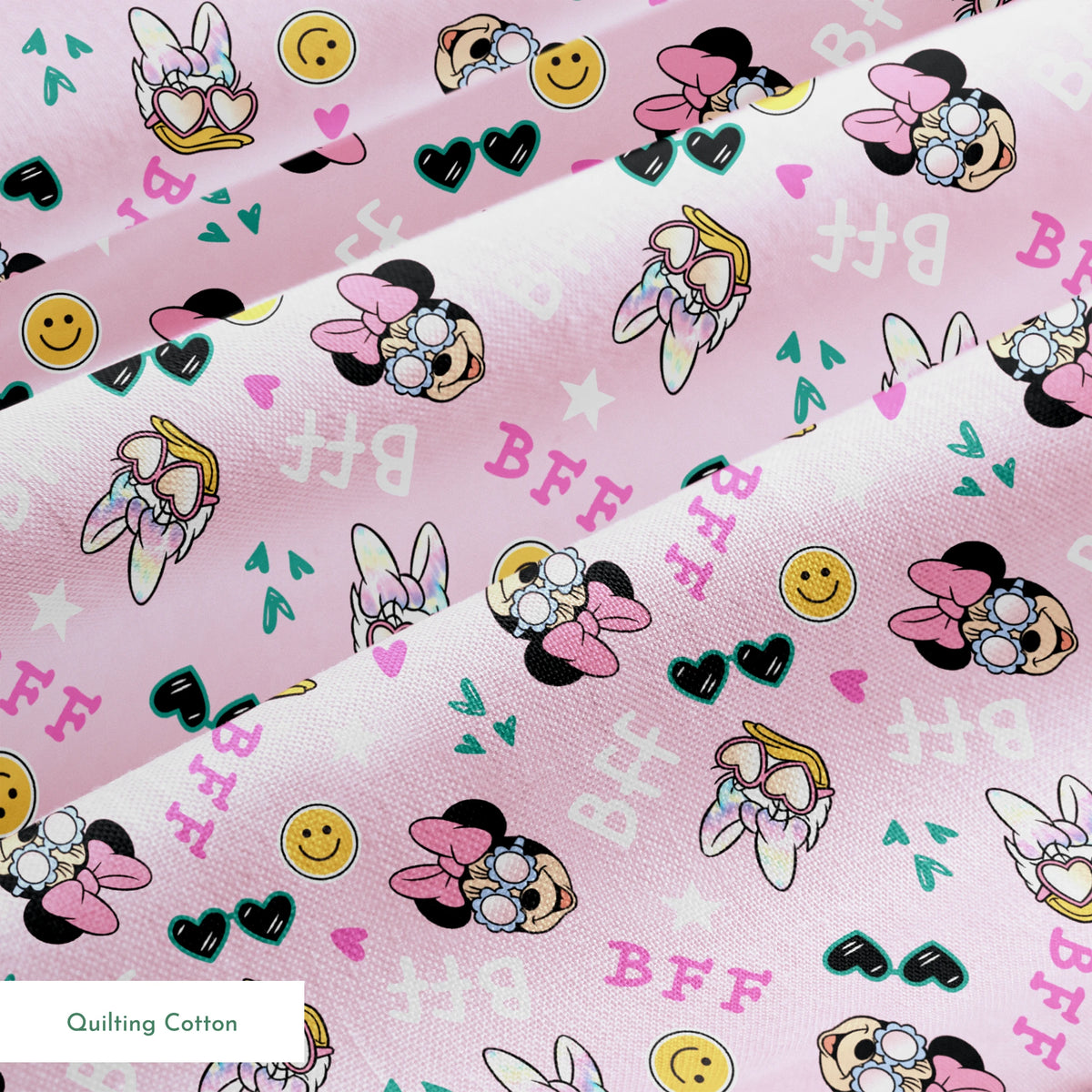 Pink background with Minnie Mouse pattern featuring bows, heart sunglasses, smiley faces, and "BFF" text in playful colors. springs quiltingcotton texture