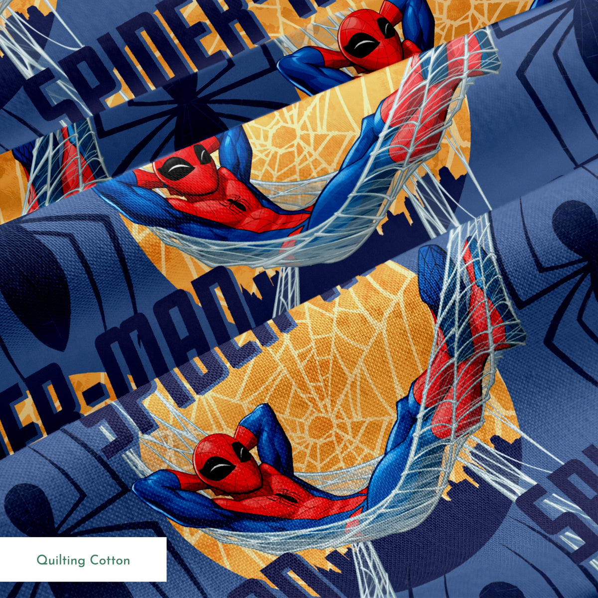 Spider-Man pattern with cartoon superhero in red and blue swinging on webbing against navy and gold background springs quiltingcotton texture