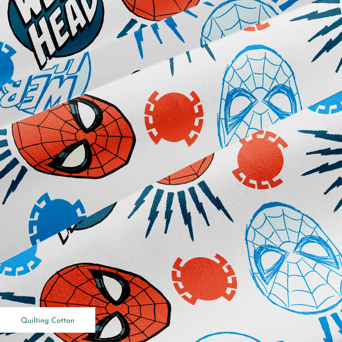 Spider-Man masks pattern with blue and red heads, "WEB HEAD" text, and radiating lines on white background. springs quiltingcotton texture