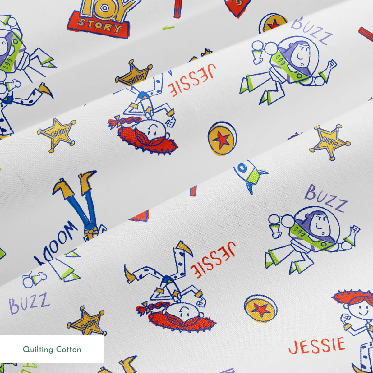 Toy Story pattern with Buzz Lightyear and Woody characters, stars, and spaceships on white background springs quiltingcotton texture