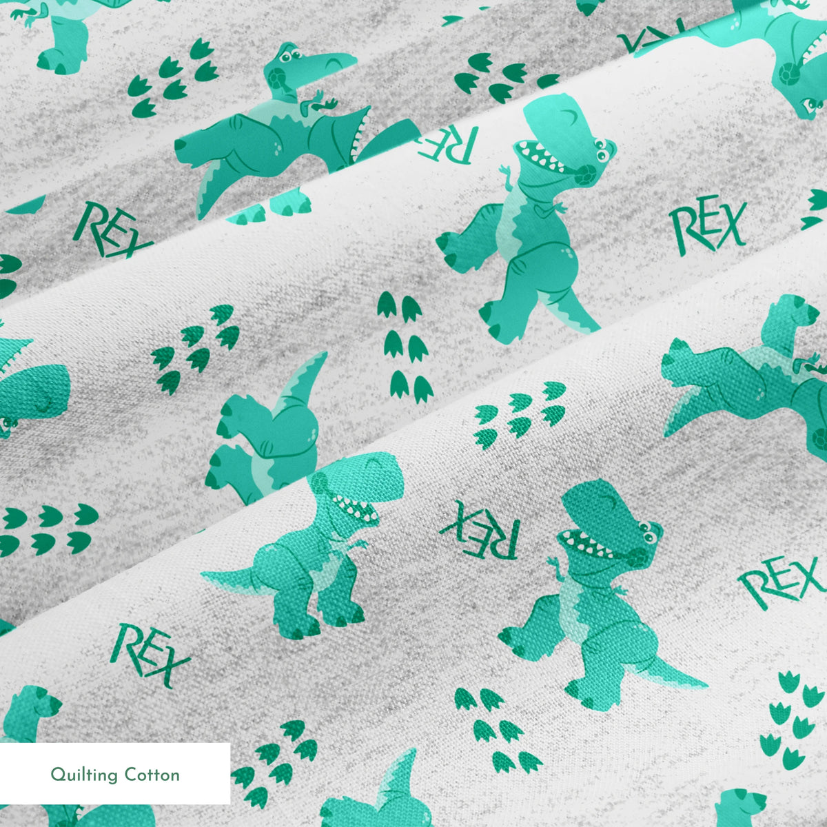 Playful Toy Story' Rex pattern on light gray heathered background springs quiltingcotton texture