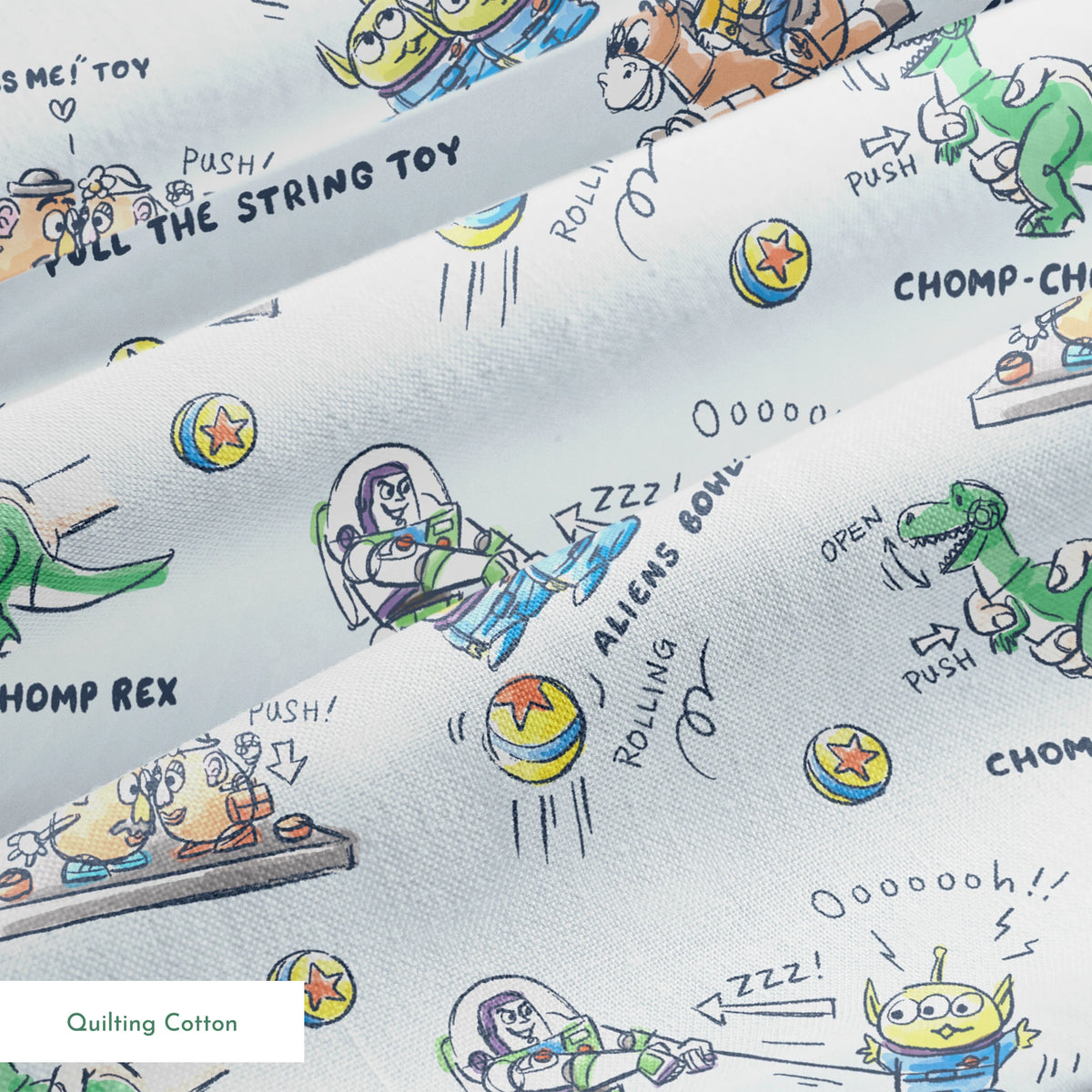 Illustrated Toy Story character designs showing wind-up, pull string, and action toys on light blue background springs quiltingcotton texture