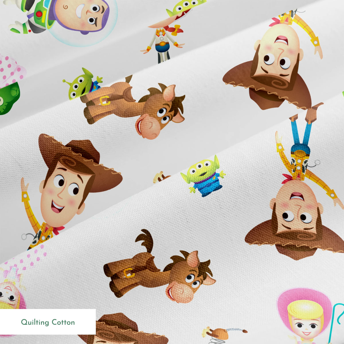Toy Story character pattern with Woody, Buzz, Jessie, Rex, Slinky Dog and aliens on white background springs quiltingcotton texture