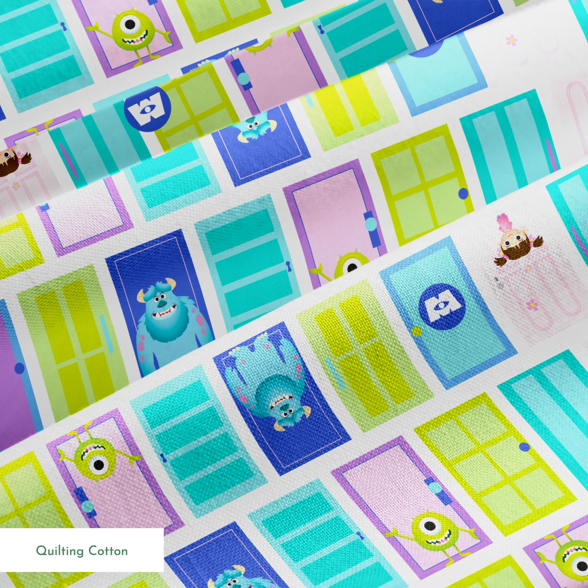 Colorful cartoon monster doors pattern inspired by Monsters Inc. with teal, purple, and green doors springs quiltingcotton texture