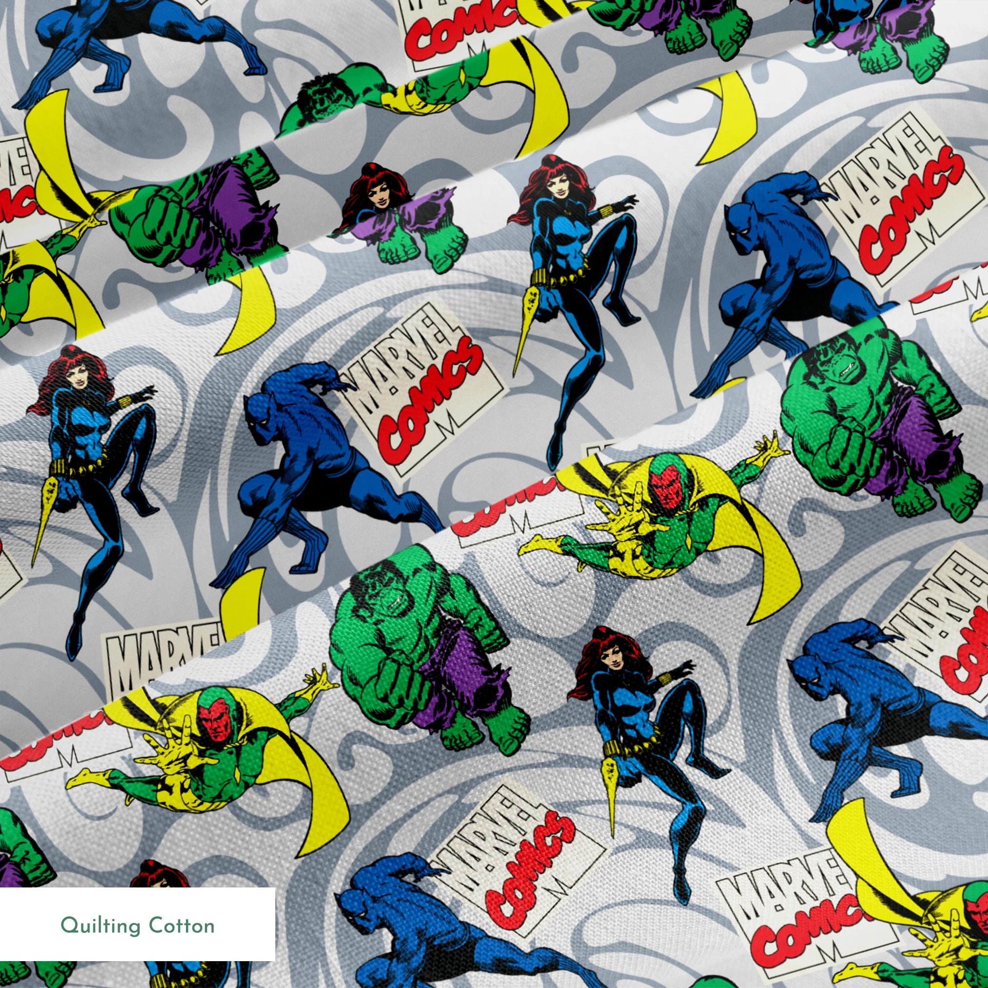 Marvel Comics characters including Hulk, Vision, and other superheroes on a gray background with Marvel Comics logos springs quiltingcotton texture