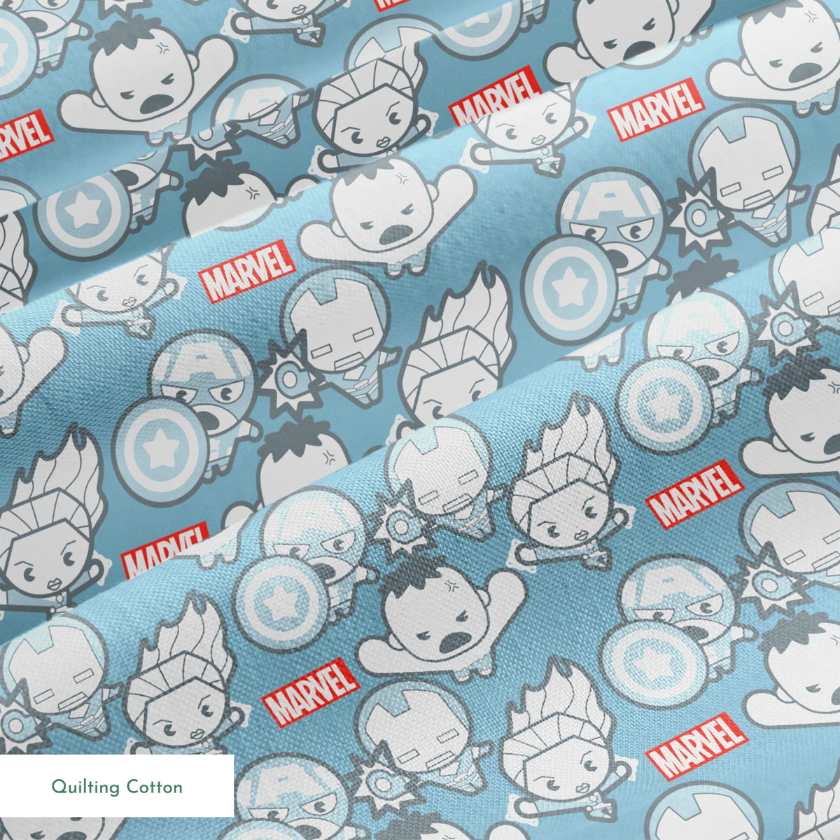 Marvel kawaii superhero pattern with cartoon characters, shields, and gear symbols on blue background springs quiltingcotton texture