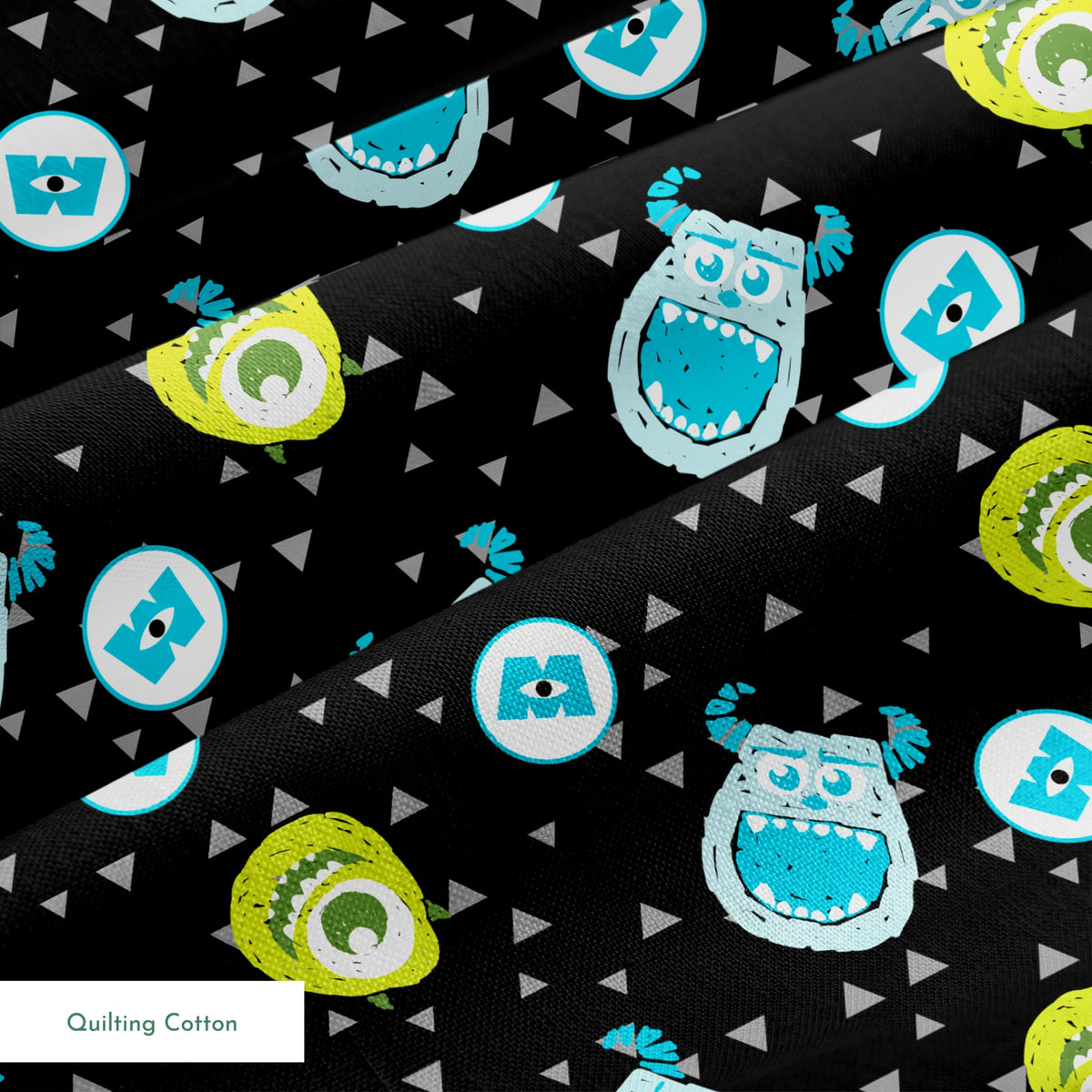 Monsters Inc pattern with Mike and Sulley on black background with gray triangles springs quiltingcotton texture