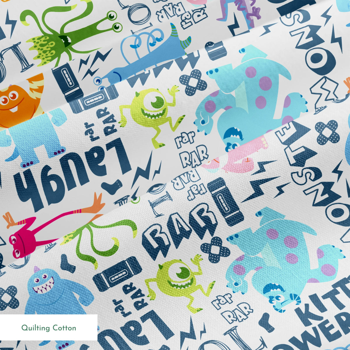 Colorful Monsters Inc doodle pattern with playful characters and text like "Laugh," "Power," and "Monster" in blue and vibrant colors. springs quiltingcotton texture