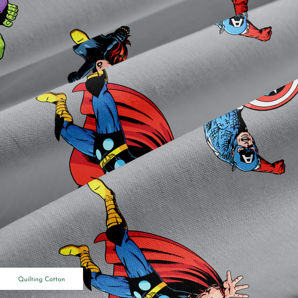 Marvel superheroes pattern with Hulk, Thor, Captain America, and Iron Man on gray background springs quiltingcotton texture