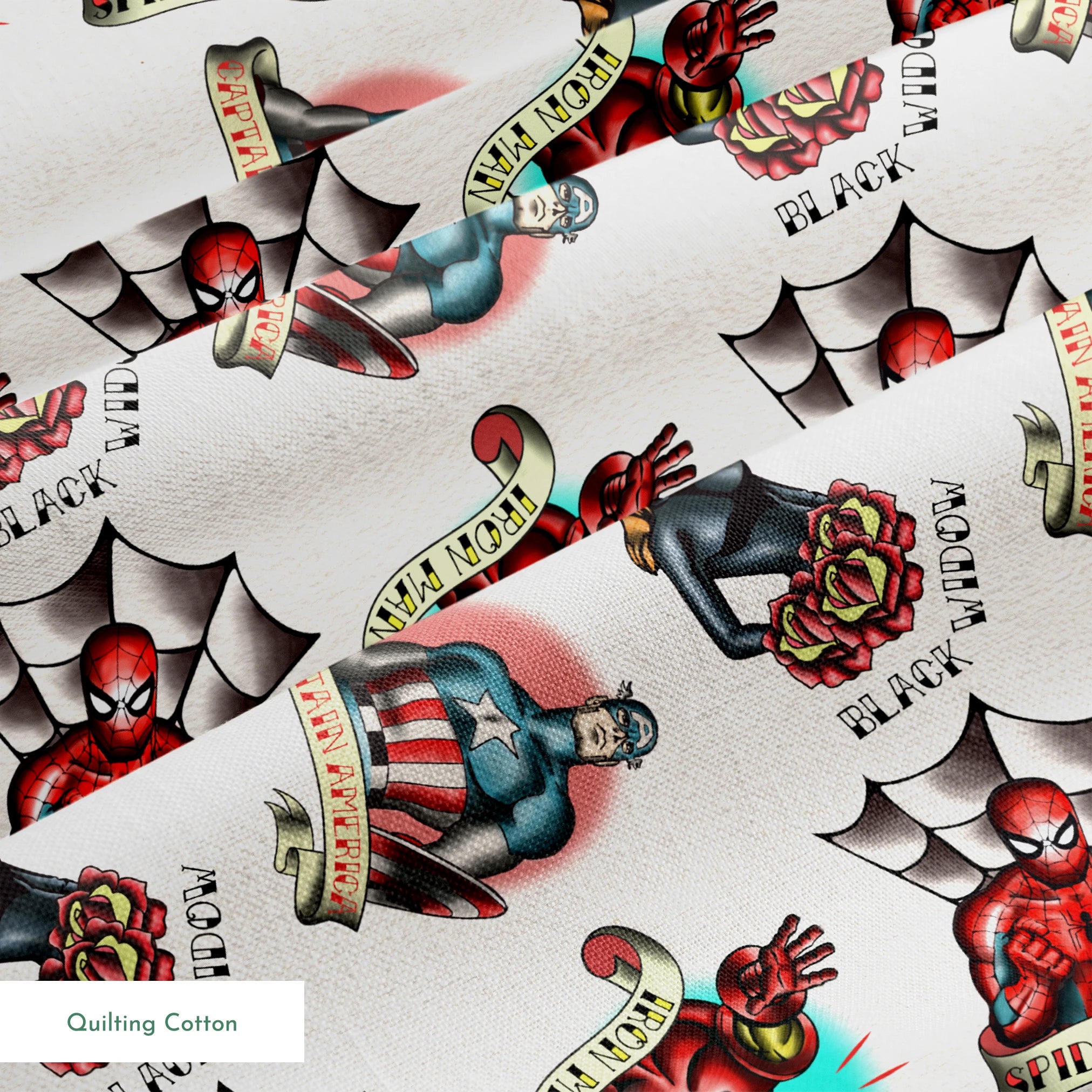 Traditional tattoo flash art designs featuring black panthers, hearts with daggers, spider webs, and colorful elements on cream background springs quiltingcotton texture