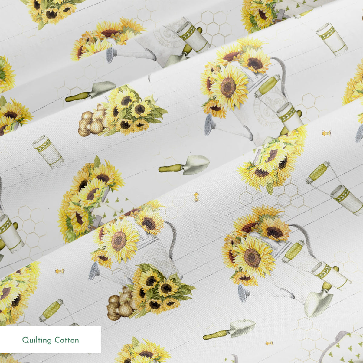 Sunflower-filled watering cans with bees, trowels, and garden tools on a white shiplap and honeycomb background. Designed by Nicole Tamarin. springs quiltingcotton texture