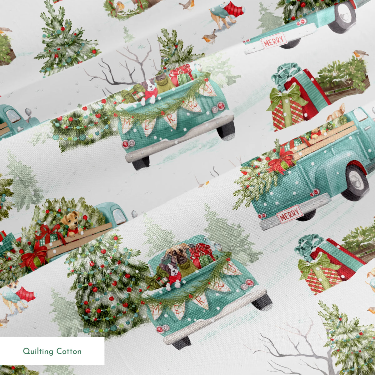 Vintage-style holiday fabric by Nicole Tamarin featuring teal trucks with Christmas trees, dogs, snow, and gifts in a festive winter landscape. springs quiltingcotton texture