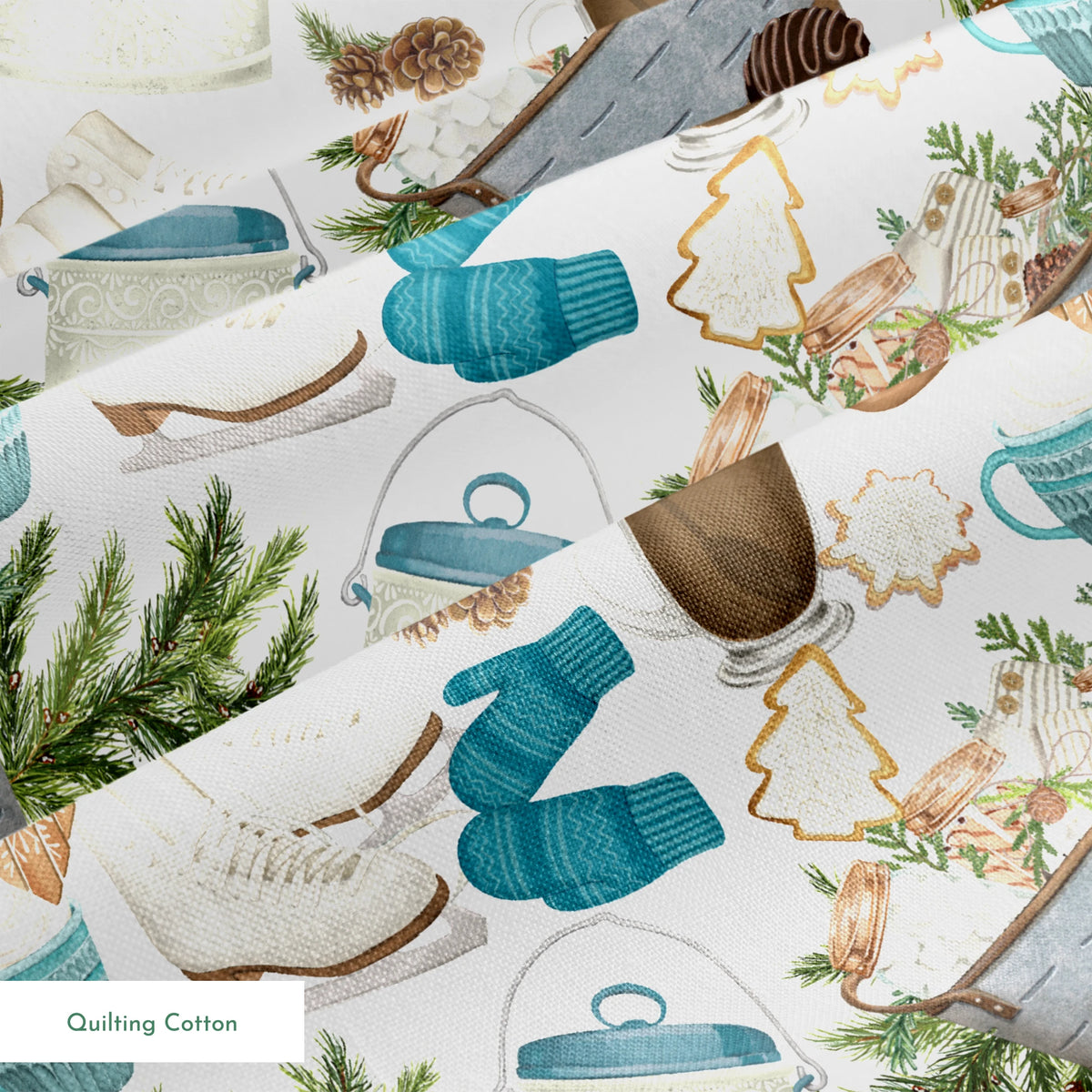 Winter-themed pattern featuring cocoa mugs, ice skates, mittens, pine branches, and holiday cookies in neutral and blue tones by Nicole Tamarin. springs quiltingcotton texture