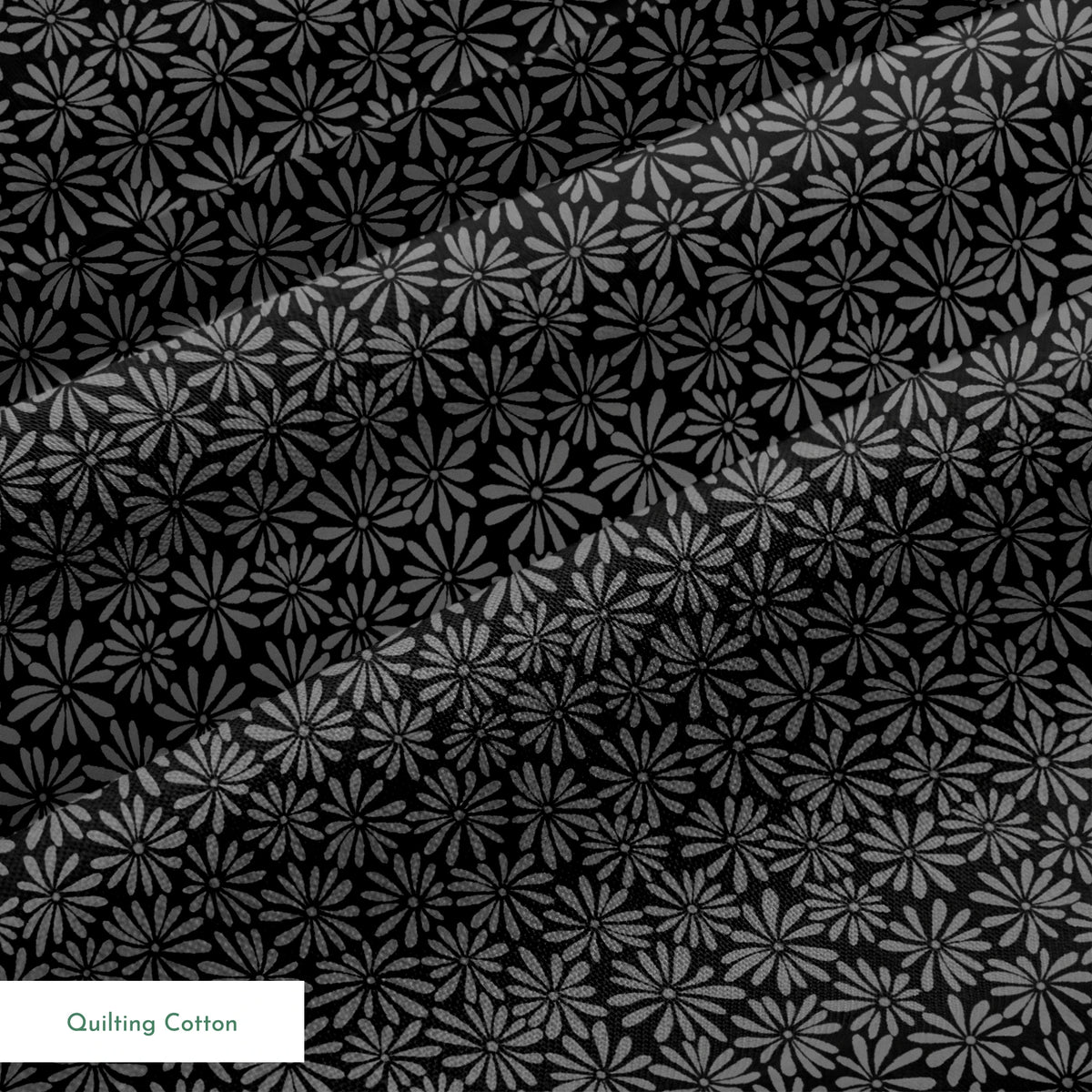Tonal gray daisy ditsy floral fabric on a black background, designed by Nicole Tamarin – ideal for modern quilting and neutral sewing projects. springs quiltingcotton texture