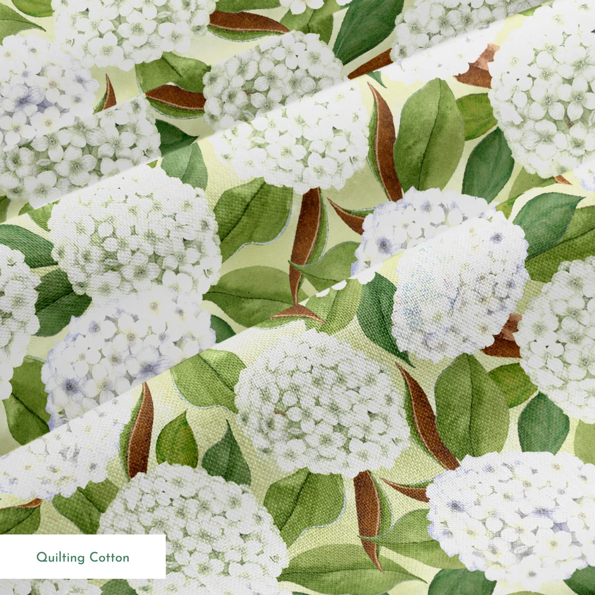 Realistic white hydrangea clusters with green leaves on a soft cream background, designed by Nicole Tamarin in a timeless botanical style. springs quiltingcotton texture