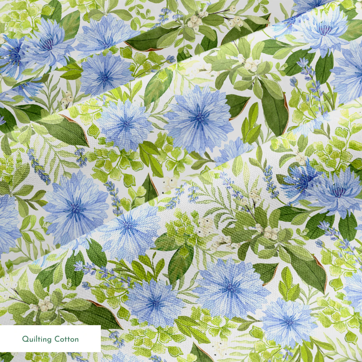 Watercolor-style botanical fabric pattern featuring blue wildflowers and soft green foliage on a white background. Designed by Nicole Tamarin. springs quiltingcotton texture