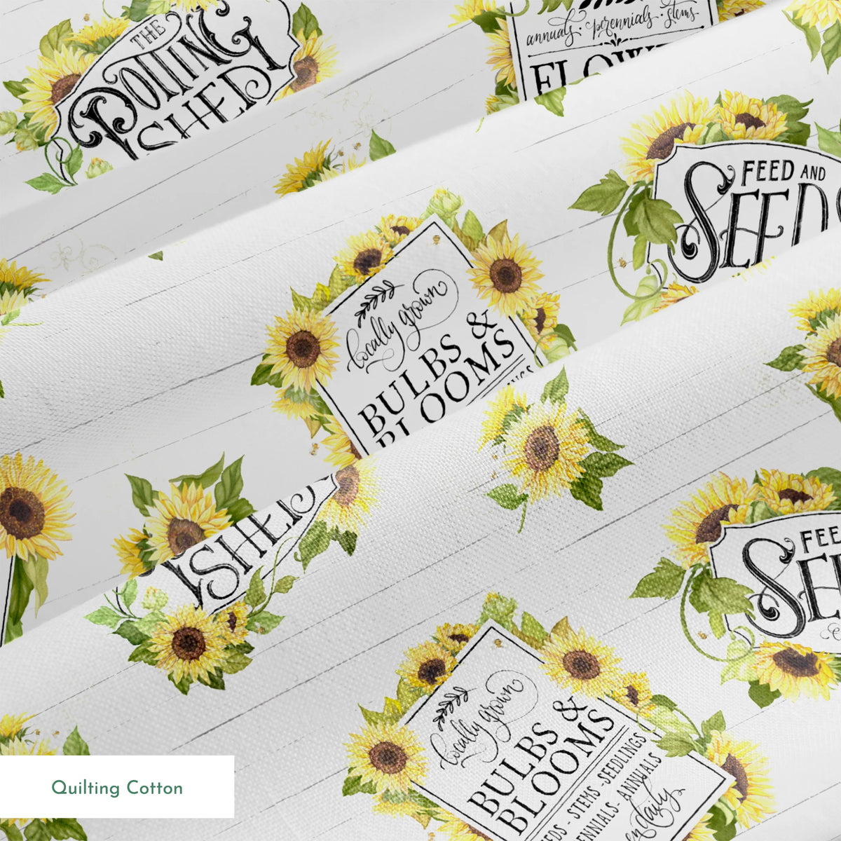 Watercolor sunflower clusters with vintage-style gardening labels on a white shiplap background, designed by Nicole Tamarin. springs quiltingcotton texture