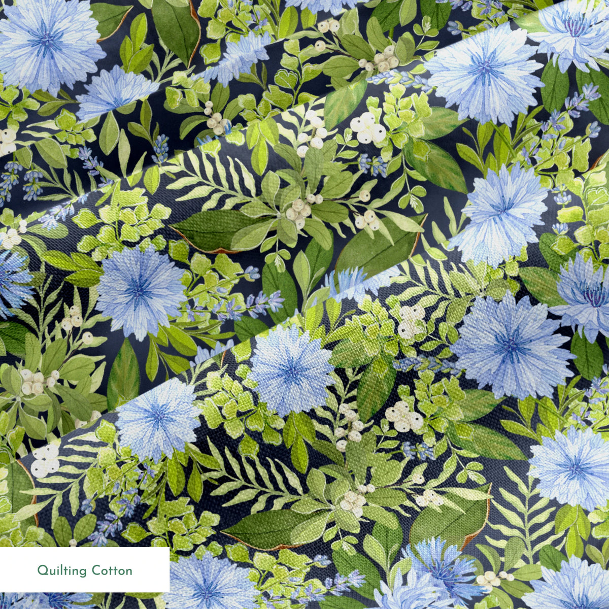Beautiful floral pattern with light blue cornflowers and vibrant green leaves and foliage springs quiltingcotton texture