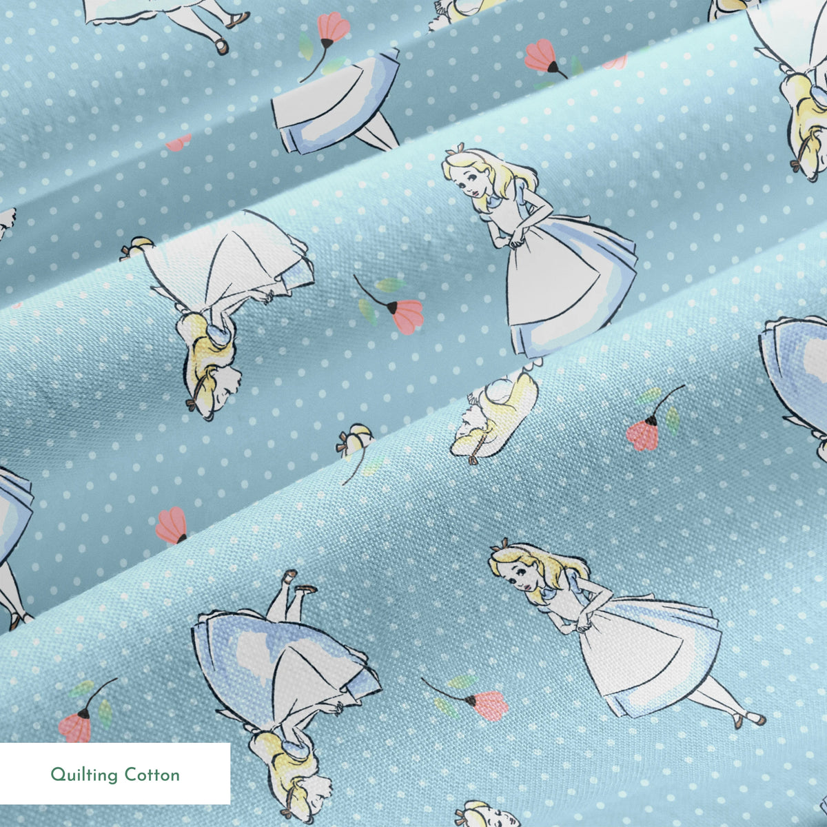 Blue polka dot pattern with illustrated characters in blue dresses and small pink flowers scattered throughout. springs quiltingcotton texture